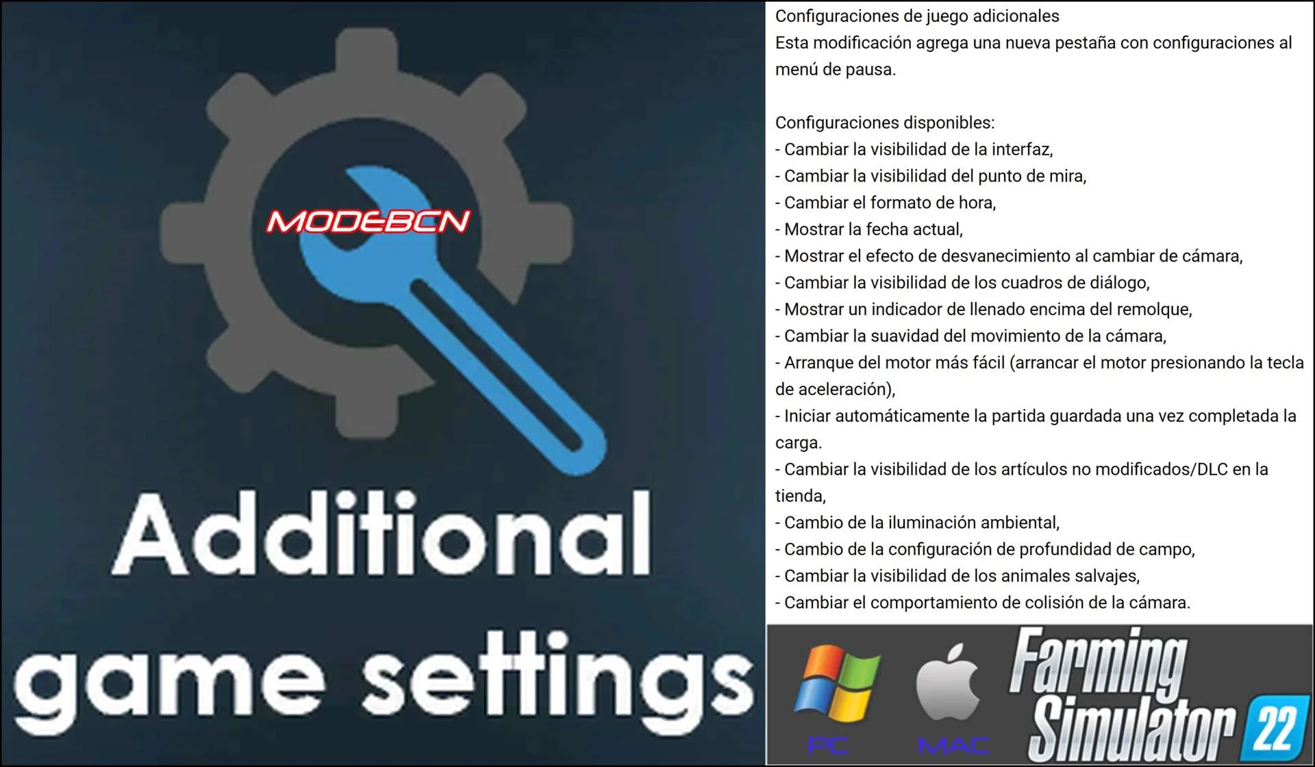 Additional Game Settings VERSION EN ESPANOL V1.2.0.1 FS22