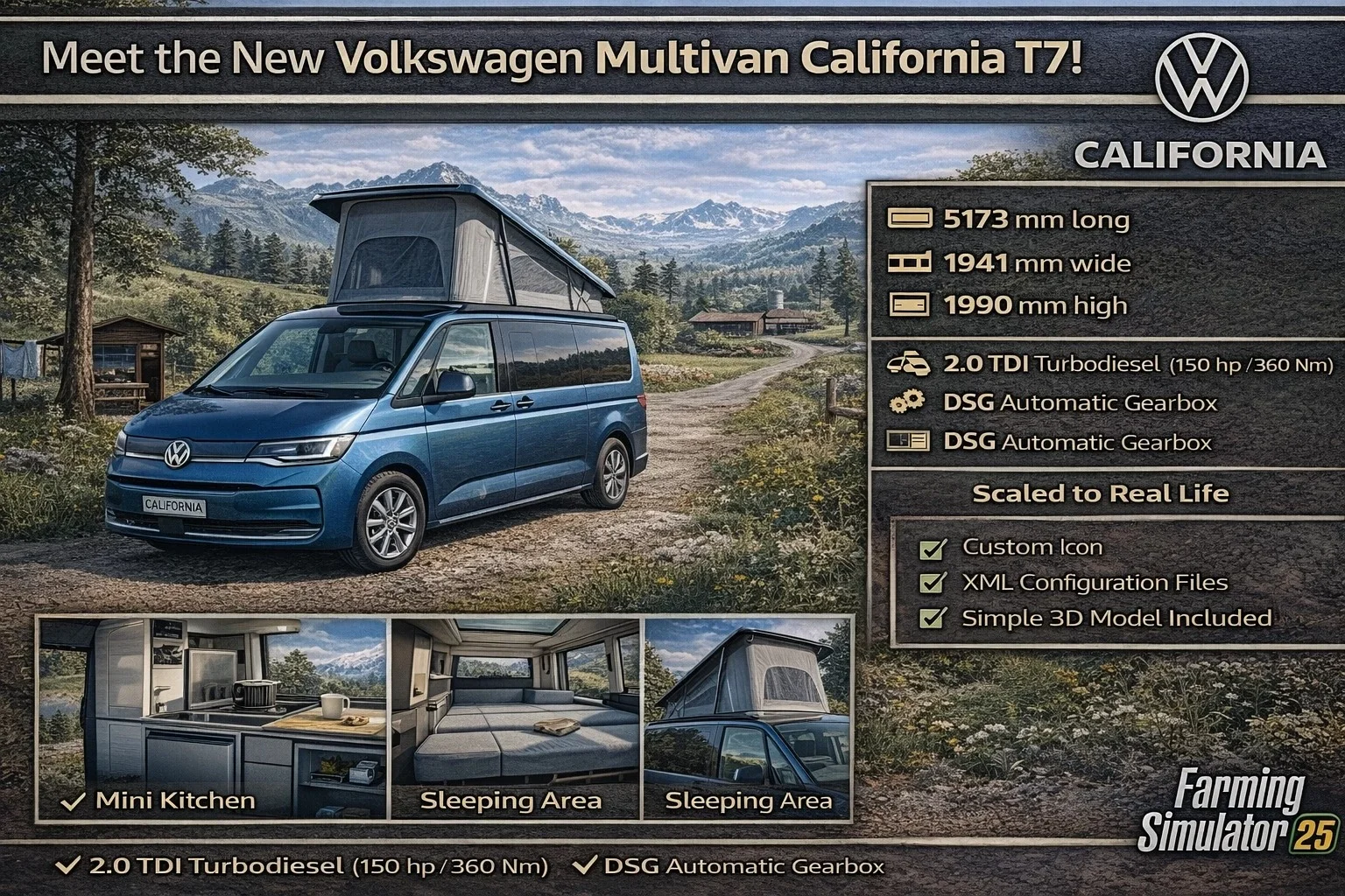 FS25 Volkswagen Multivan California v1.0 Cars Mod FS25 Mod Free Download