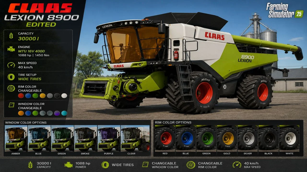 FS25 Claas Lexion 8900 Edit V1.0 Harvesters Mod FS25 Mod Free Download