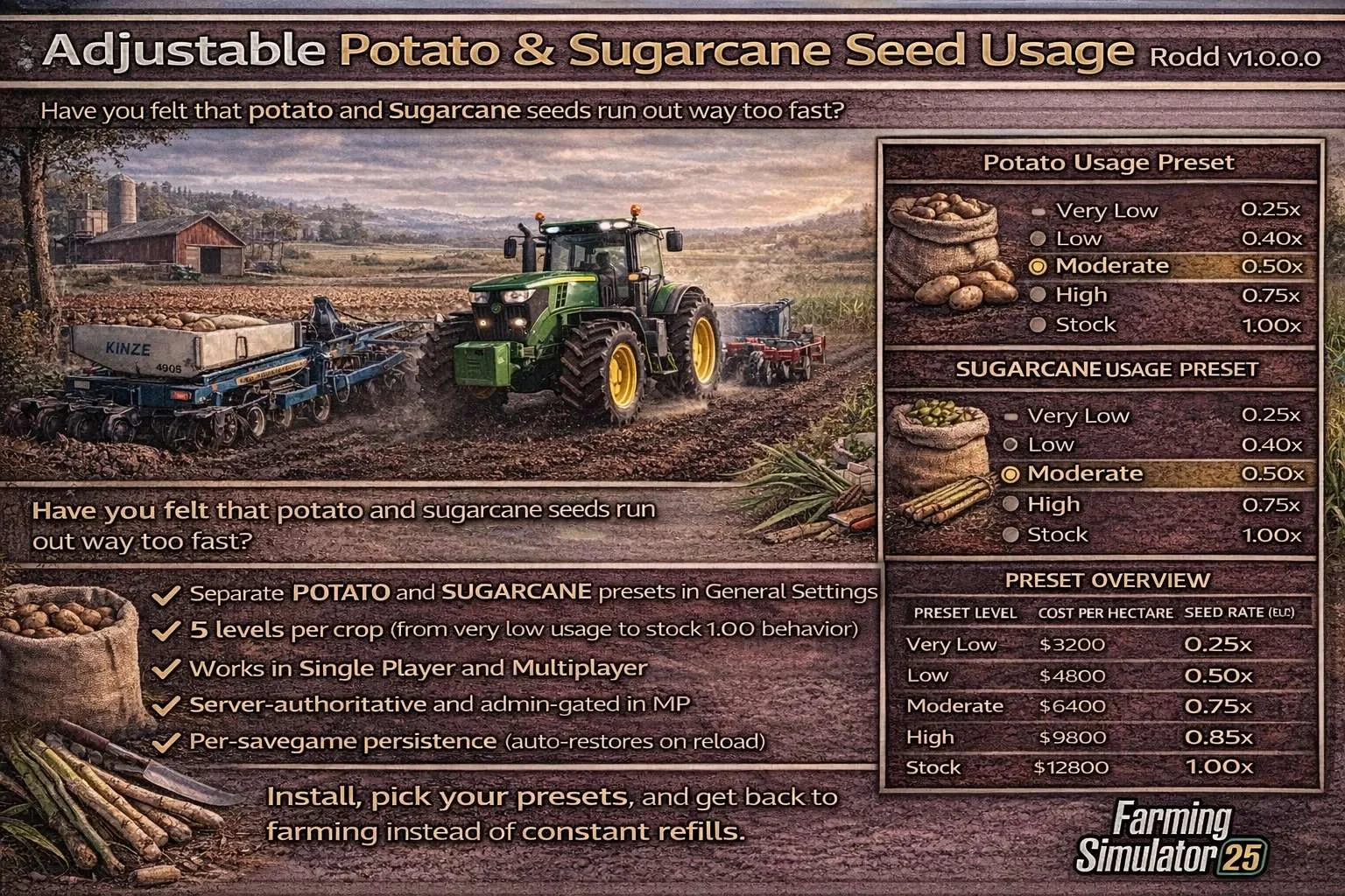 FS25 Adjustable Potato Sugarcane Seed Usage Rodd v1.0 Other Mod