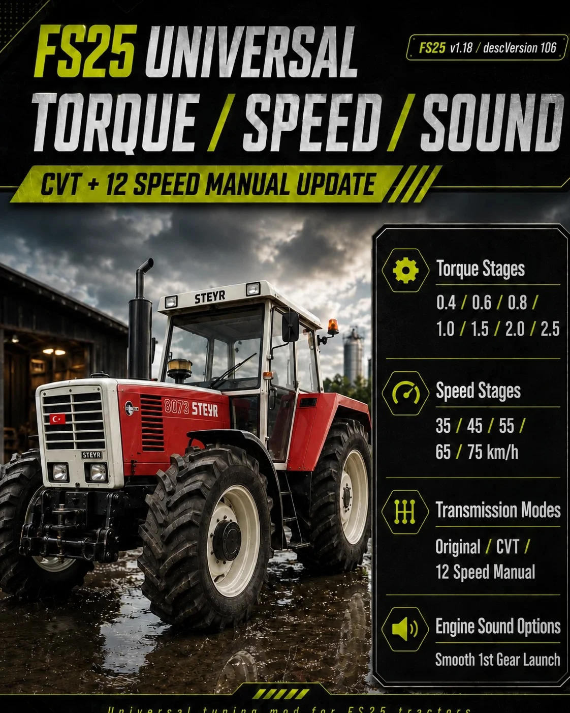 FS25 Universal Tork Speed Sound CVT 12 Manual FIXED v1.0 Other Mod