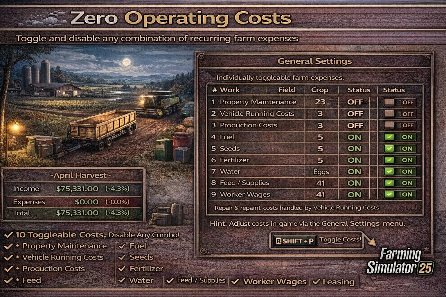 FS25 Zero Operating Costs-Rodd v1.0 Other Mod