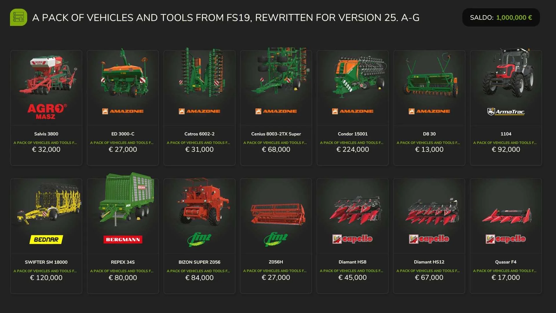 FS25 Vehicles and Tools (A-G) v1.0.0.1 Packs Mod FS25 Mod Free Download