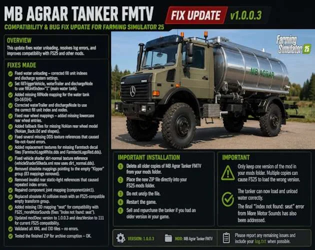 FS25 Mercedes-Benz Agrar Truck Tanker v1.0.0.3 Trucks Mod FS25 Mod Free Download