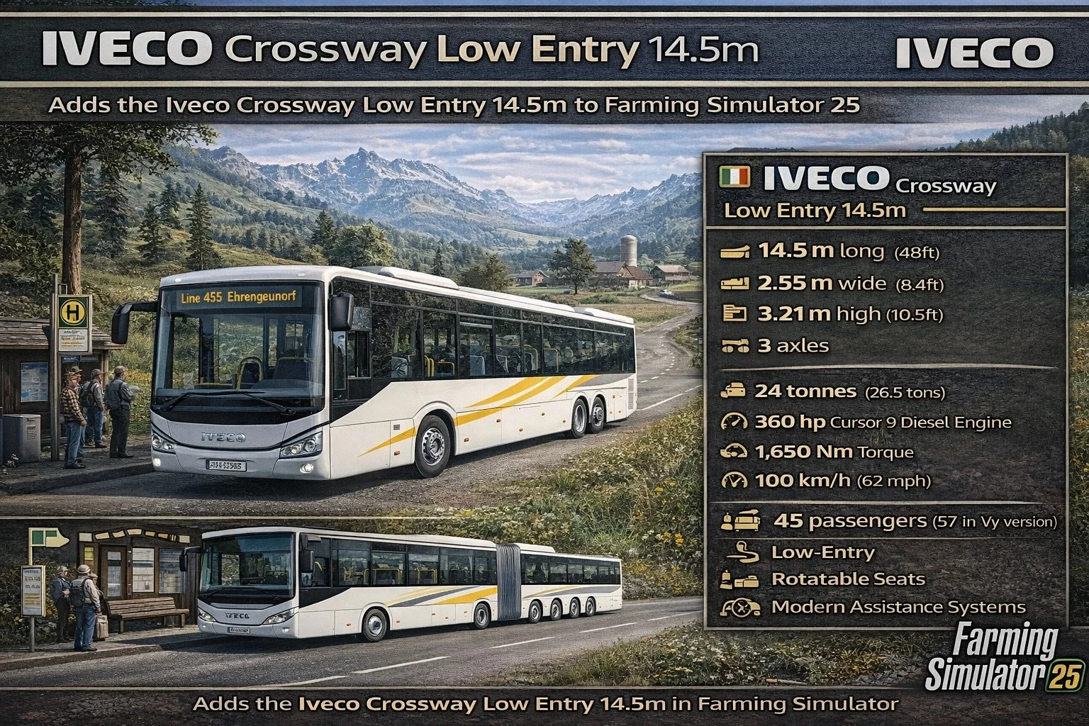 FS25 Iveco Crossway LE 14.5m v1.0 Vehicles Mod FS25 Mod Free Download